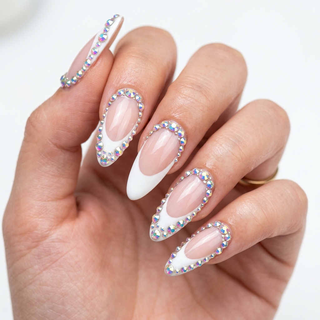 French Tip Nails with Crystal Rhinestones Ideas