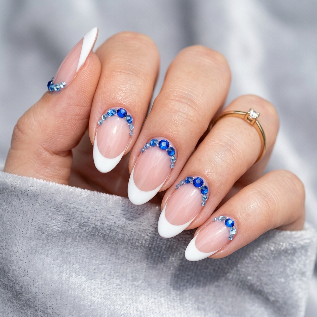 Sapphire French Tip Nails with Gems Ideas