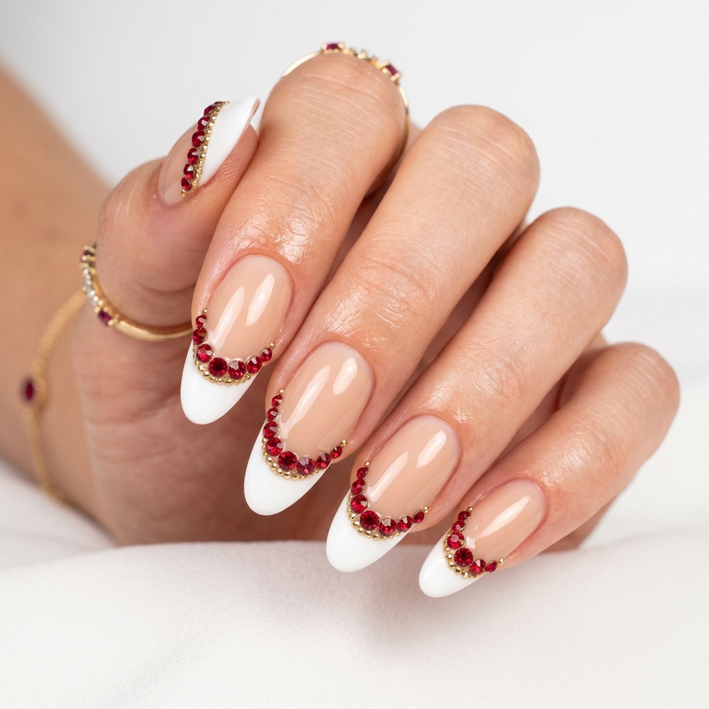 Ruby French Tip Nails with Gems Ideas