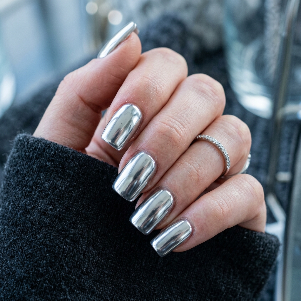 Metallic Silver Classy Baddie Nails Idea
