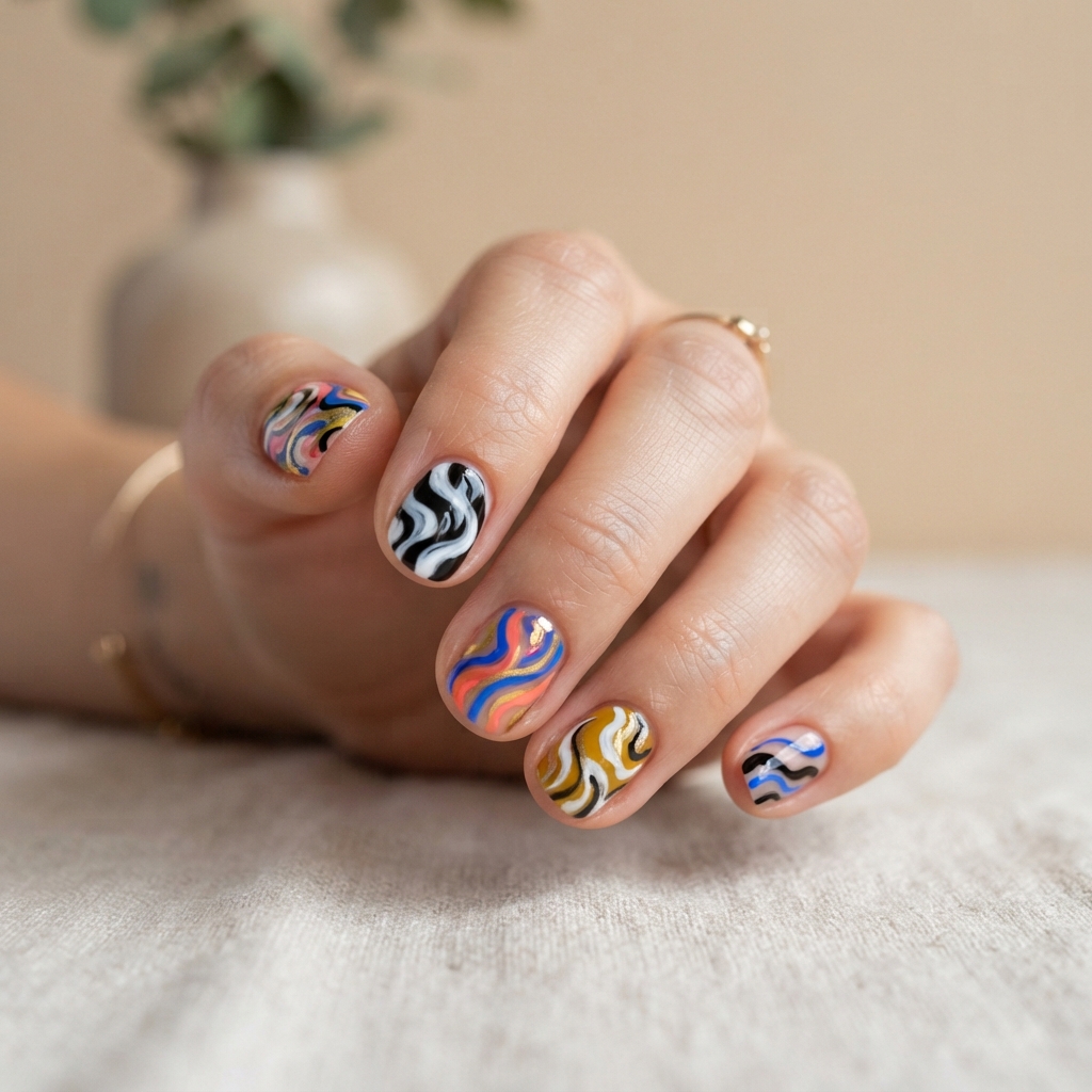 30 short Summer Nails 2025 ideas You'll Want to save Now 18 Abstract Swirl Short Summer Nails 2025 Ideas