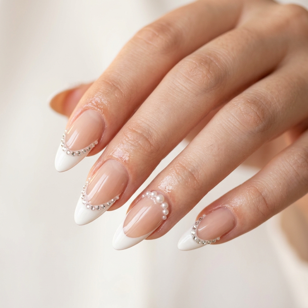 Almond French Tip Nails with Gems Ideas