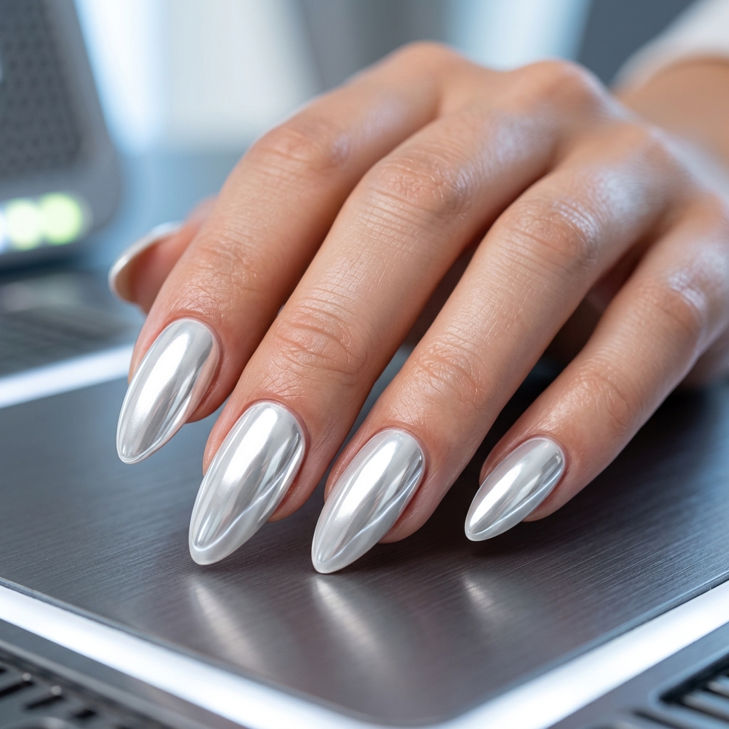 White Almond Nails Ideas: 30 Creative Looks to Inspire Your Next Manicure 10 White Almond Nails with Chrome Finish
