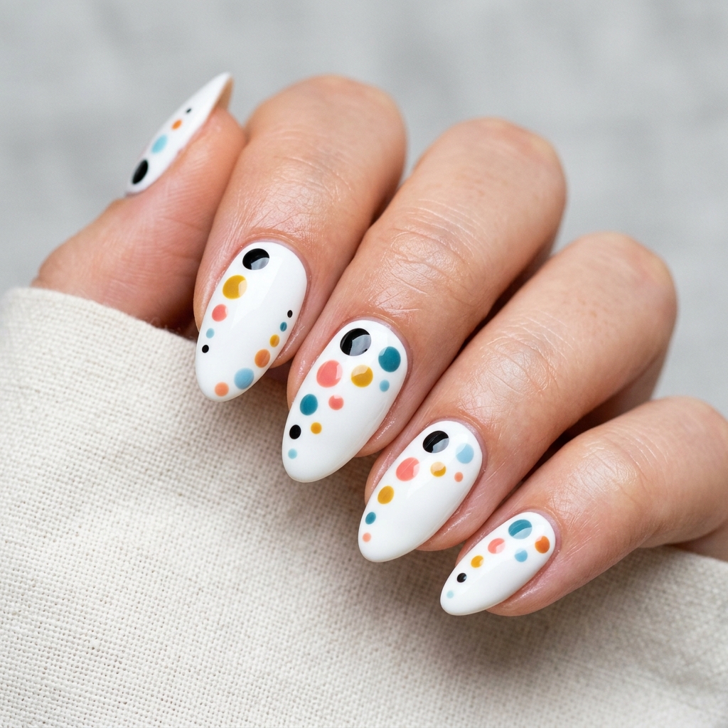 White Almond Nails Ideas: 30 Creative Looks to Inspire Your Next Manicure 28 White Almond Nail with Dotted Design