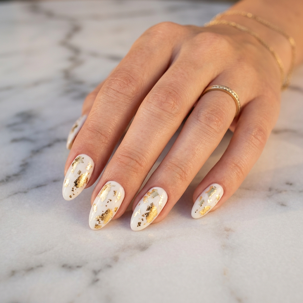 White Almond Nails Ideas: 30 Creative Looks to Inspire Your Next Manicure 6 White Almond Nail with Gold Foil