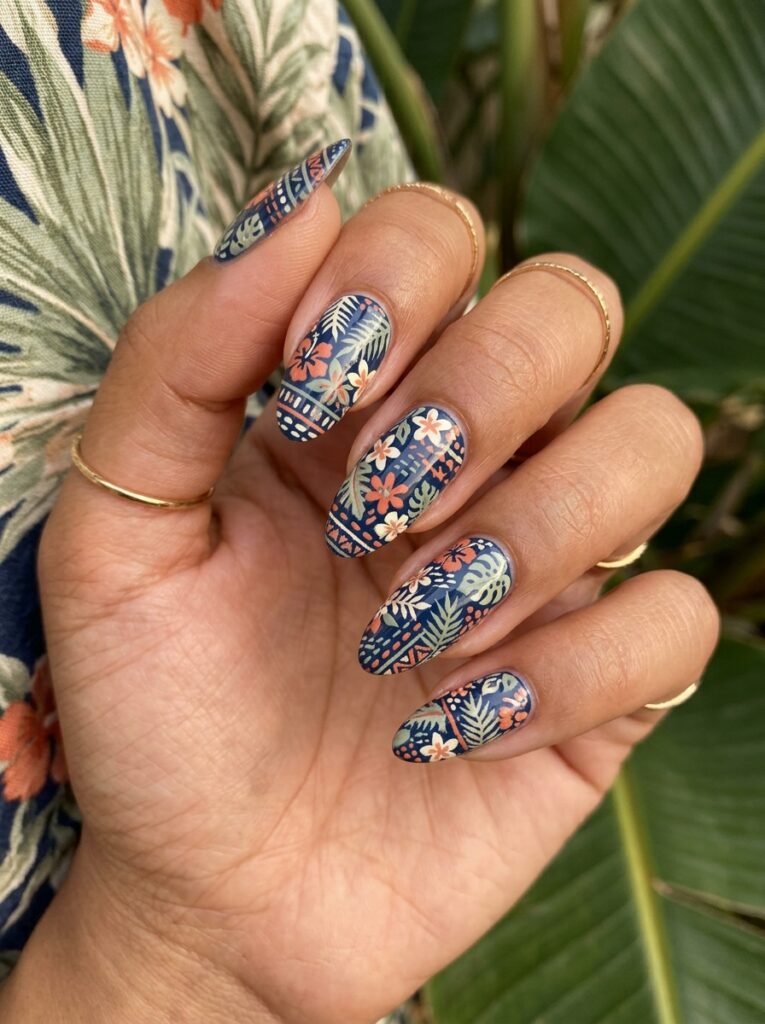 Hawaii Nails Ideas: 30 Ways to Bring Island Beauty to Your Fingertips 17 Aloha Shirt Print Hawaii Nails Ideas
