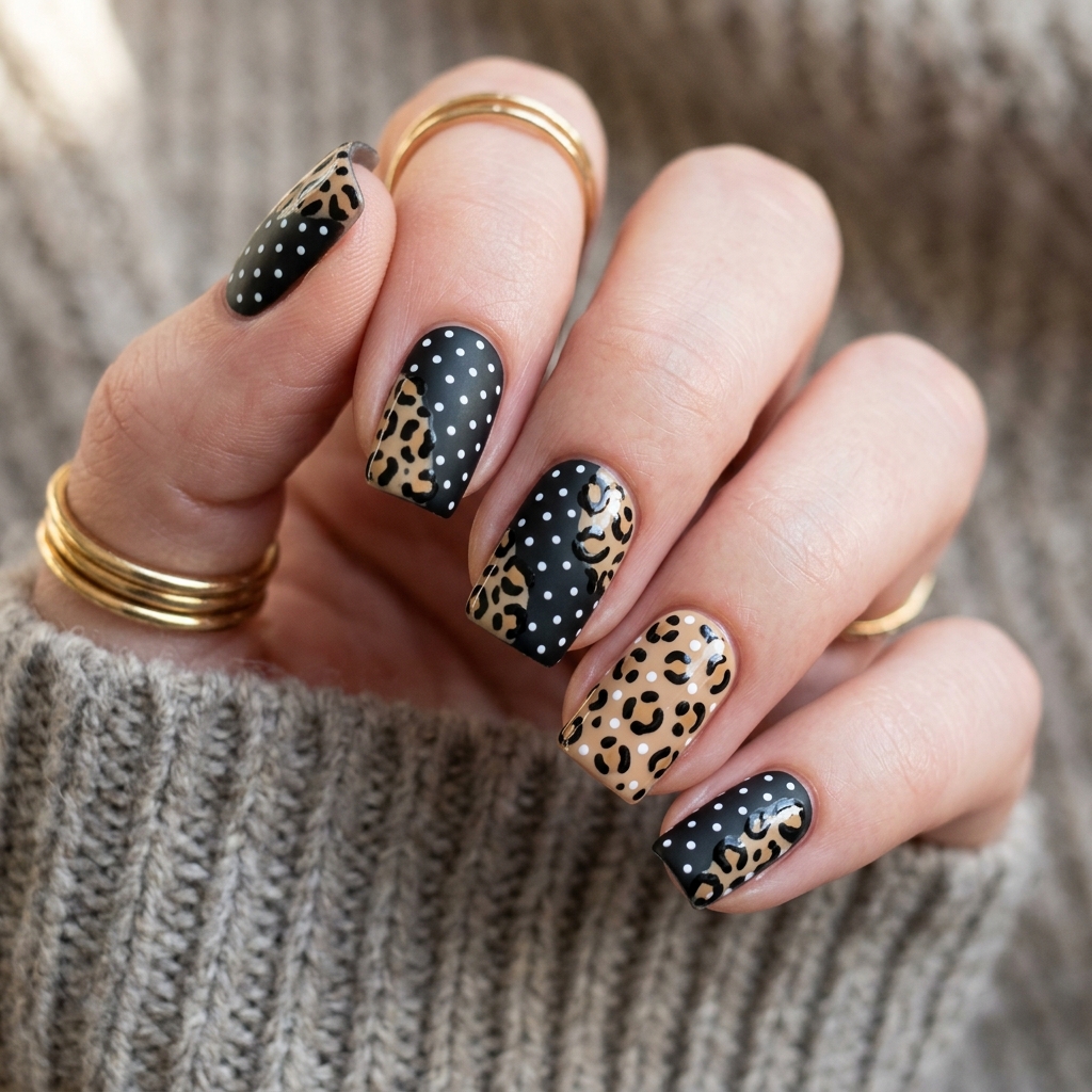 Animal Print Polka Dot Nails Idea