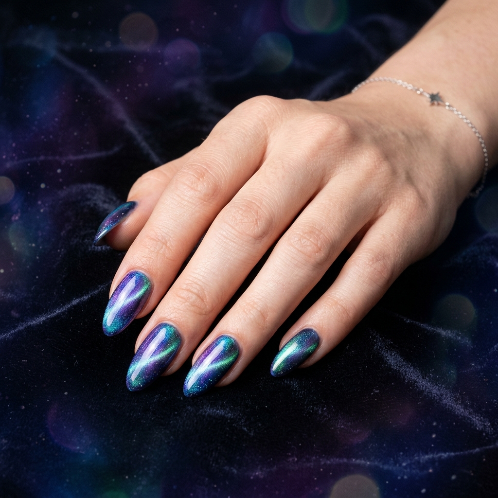 Aurora Blue Cat Eye Nails Idea
