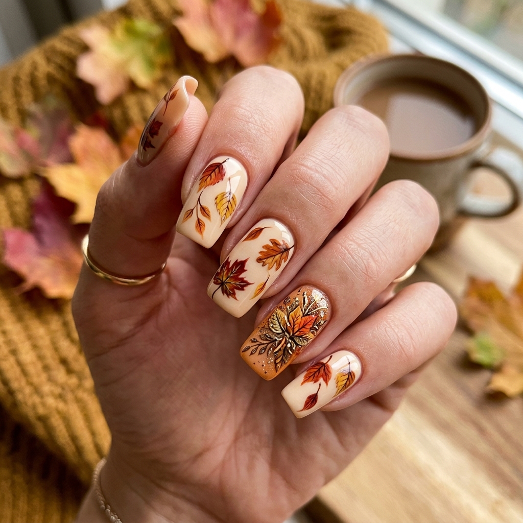 30 November Nails Inspo: Thanksgiving Ready Manicures You'll Love 7 Autumn Leaf November Nails Ideas