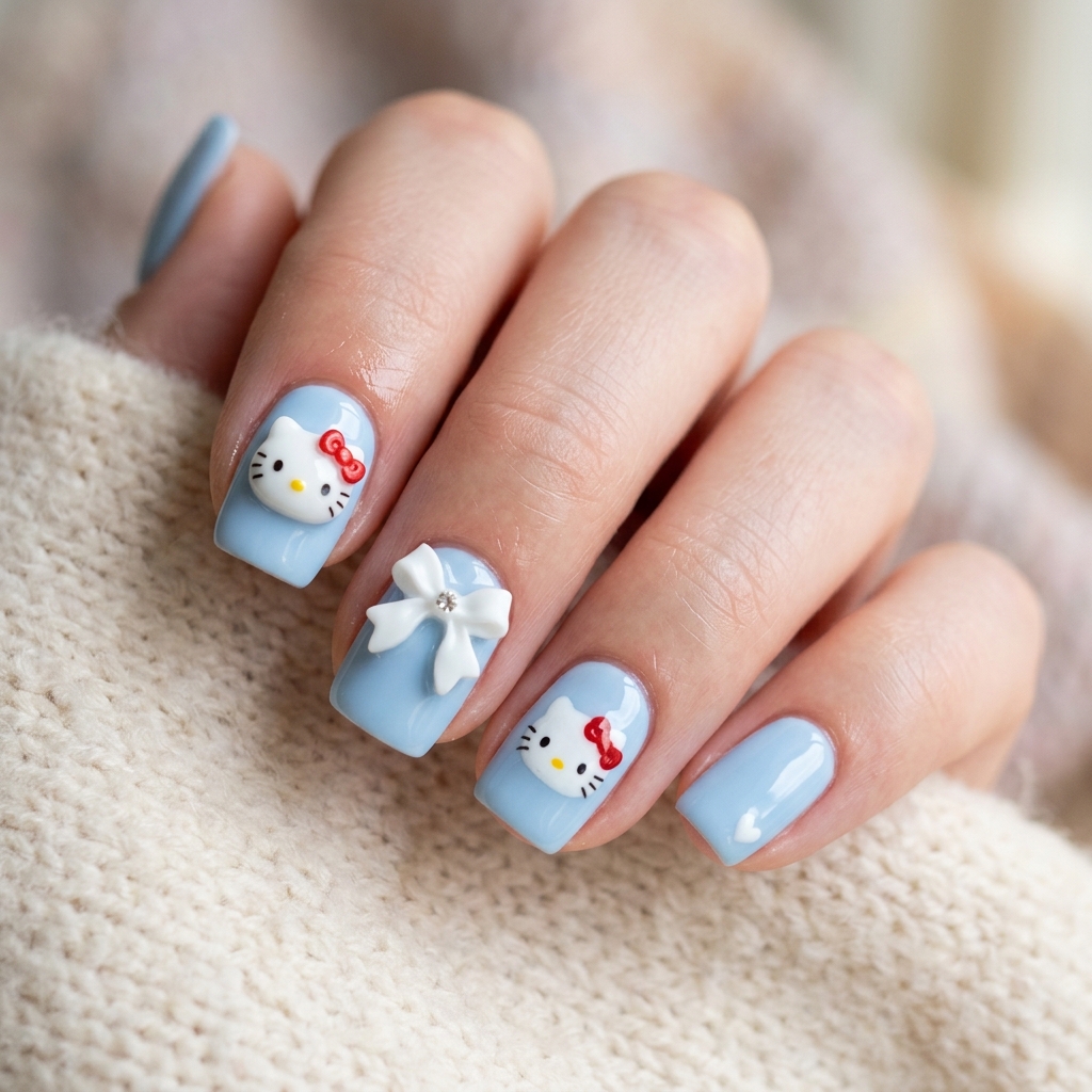 30 Hello Kitty Nails Ideas to Spark Your Next Manicure 12 Baby Blue Hello Kitty Nails Idea