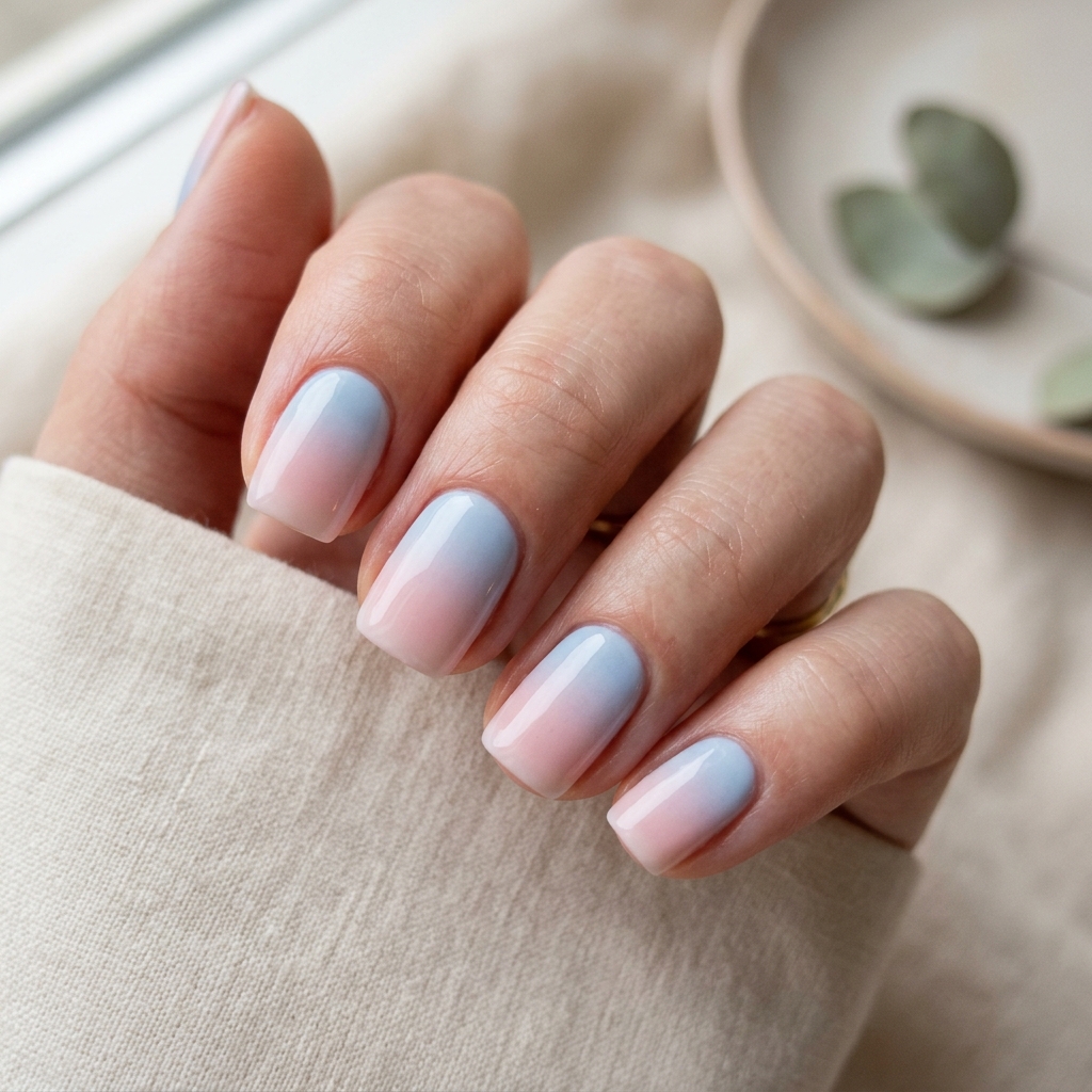 Baby Blue and Blush Pink Gradient Nails Idea
