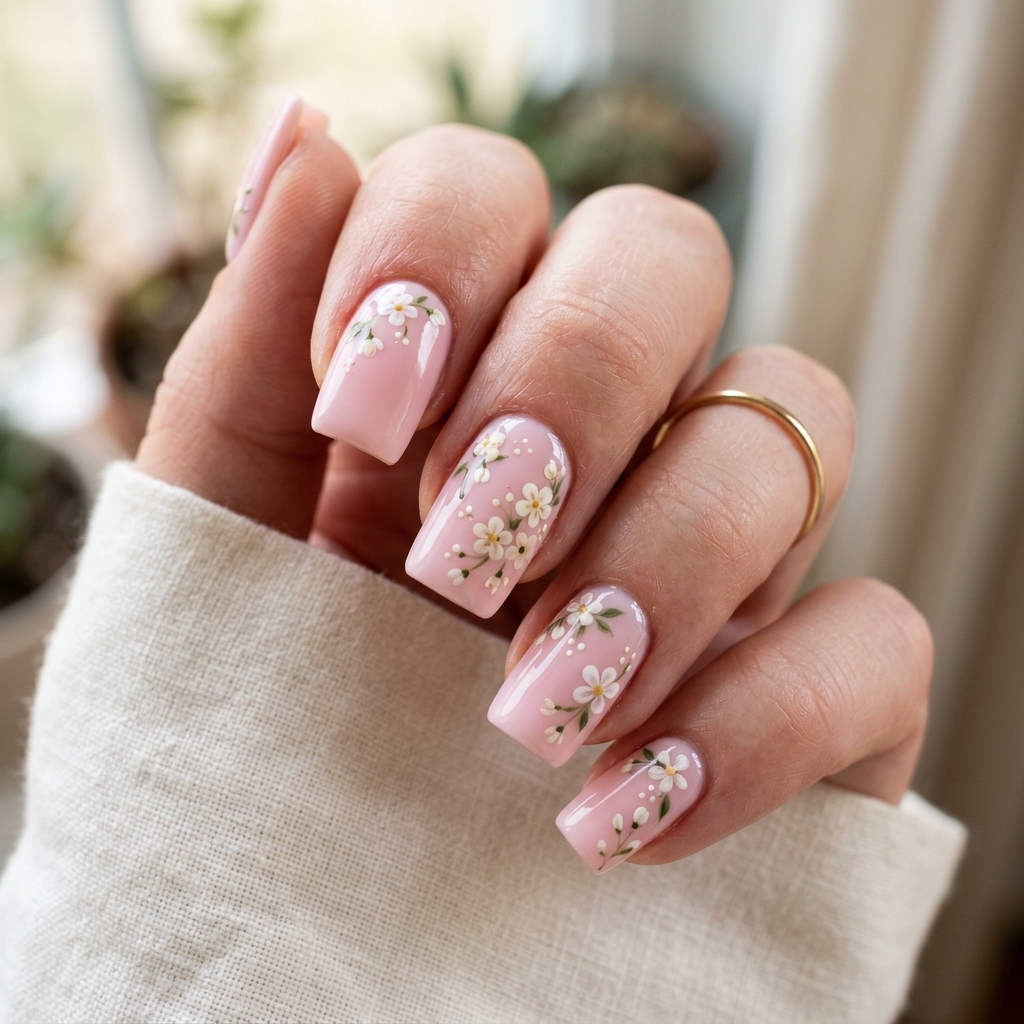 Baby Pink Floral Nails Ideas