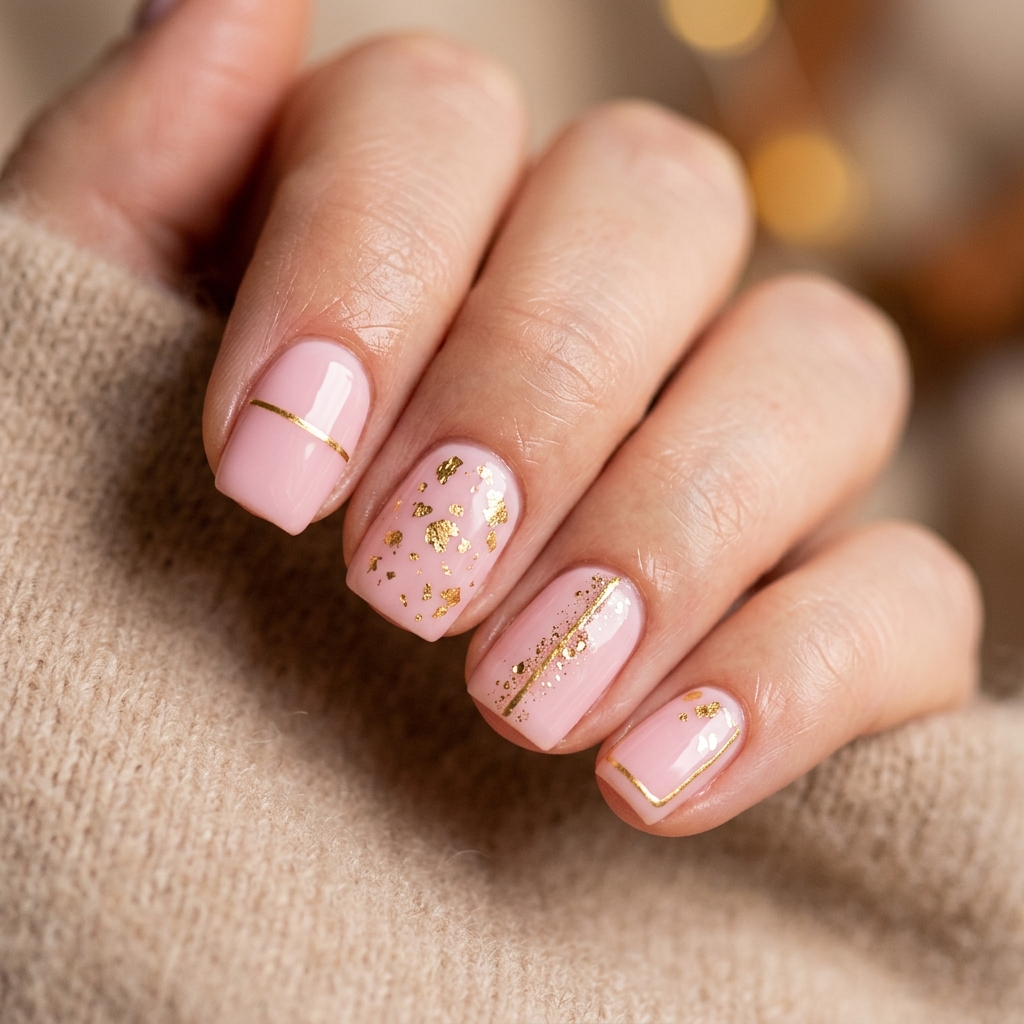 Baby Pink Nails With Gold Accents Ideas