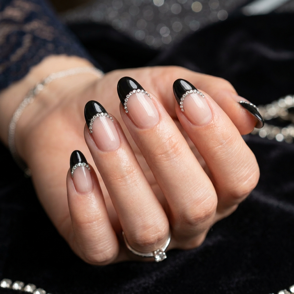 30 Black French Tip Nails 2026: The Coolest Way to Wear French Tips 26 Black French Tip Rhinestone Nails Ideas