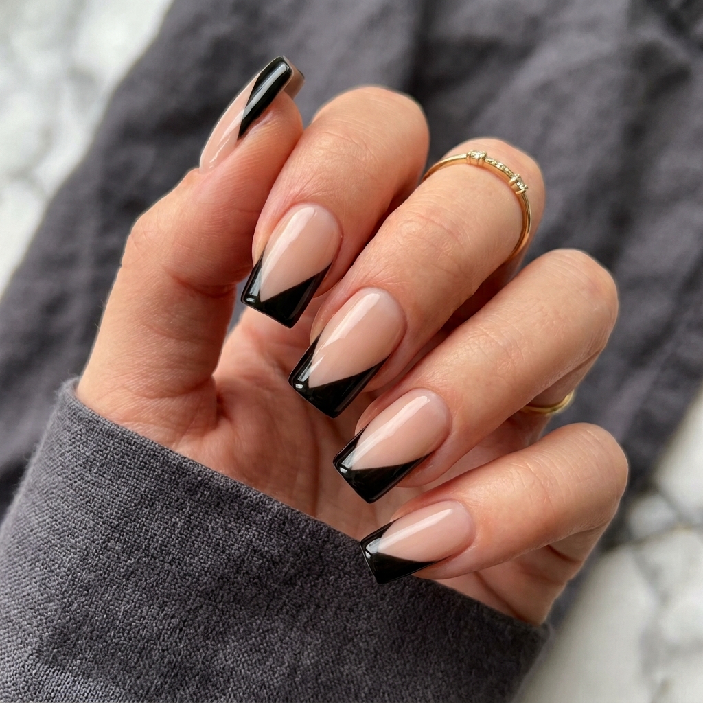 30 Black French Tip Nails 2026: The Coolest Way to Wear French Tips 12 Diagonal Black French Tip Nails Ideas