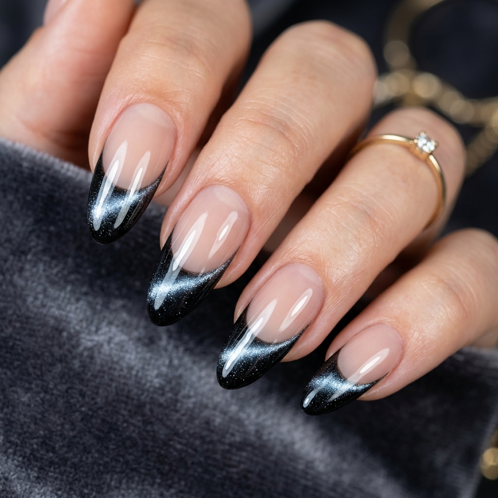 30 Black French Tip Nails 2026: The Coolest Way to Wear French Tips 16 Cat Eye Black French Tip Nails Ideas