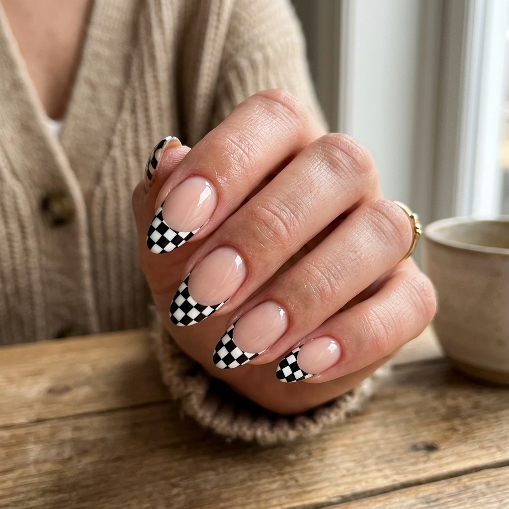 30 Black French Tip Nails 2026: The Coolest Way to Wear French Tips 28 Checkerboard Black French Tip Nails Ideas