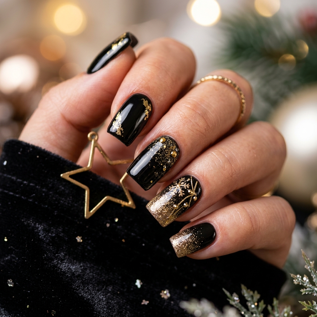 Black and Gold Winter Nails Idea
