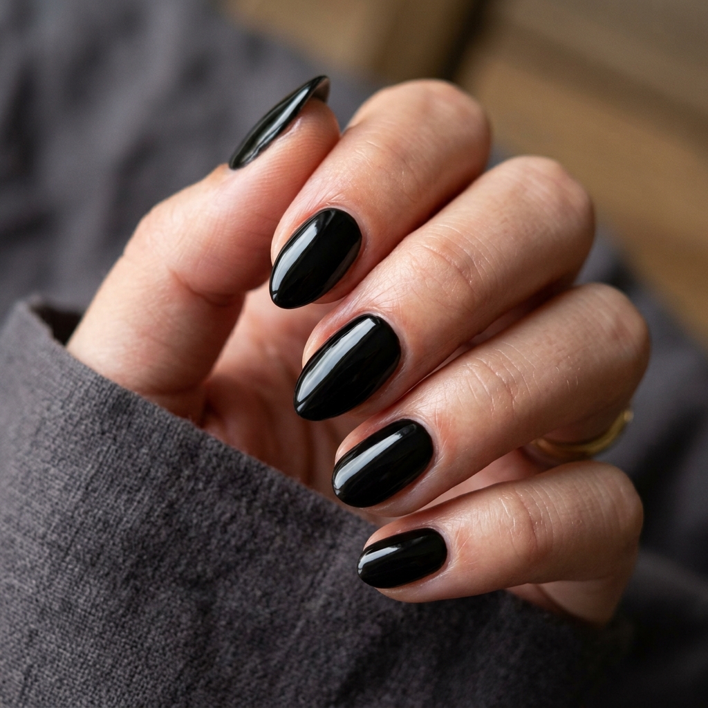 Short Almond Nails Ideas: 30 Elegant Ways to Style a Practical Shape 14 Black Short Almond Nails Idea