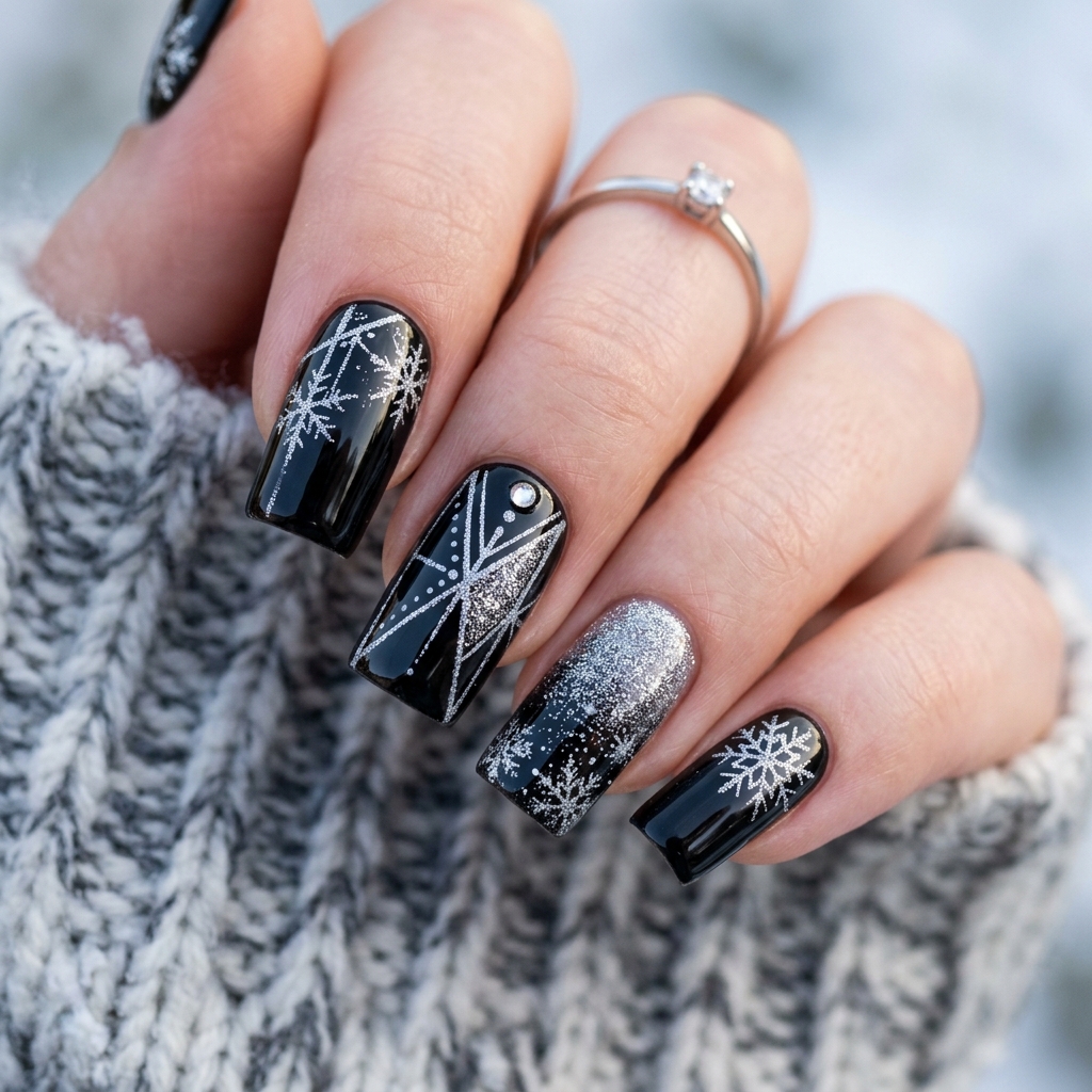 January Nails Ideas: 30 Fresh and Frosty Ways to Start the Year 19 Black and Silver January Nails Idea
