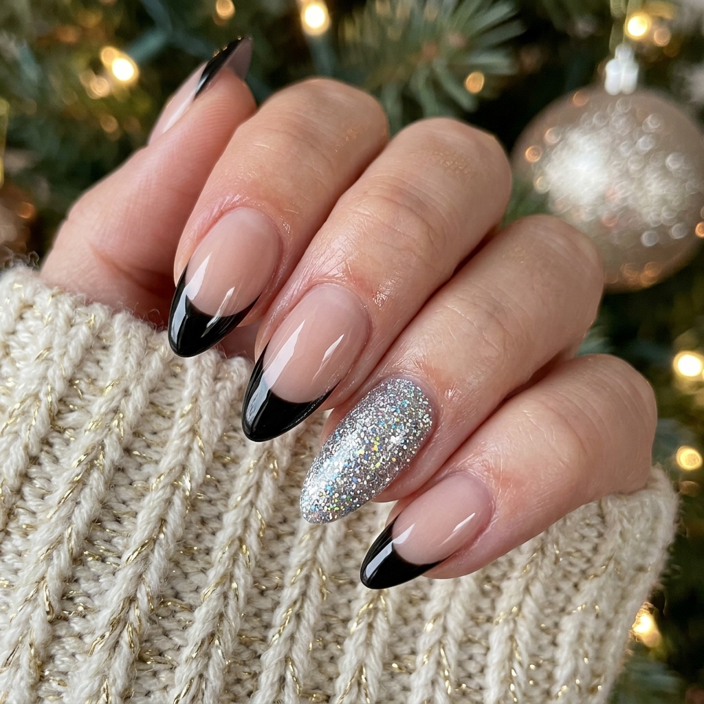 30 Black French Tip Nails 2026: The Coolest Way to Wear French Tips 11 Black Tip Glitter Accent Nails Ideas