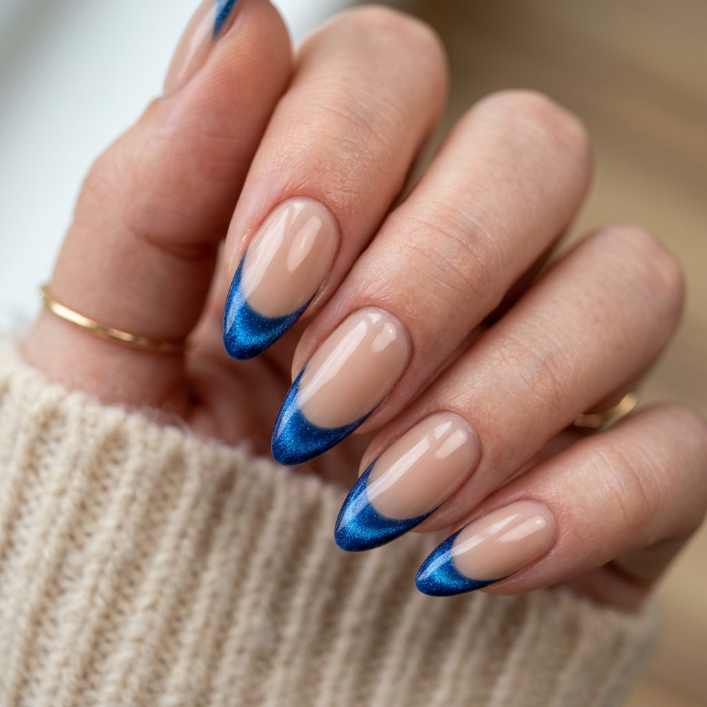 Blue Cat Eye French Tip Nails Idea