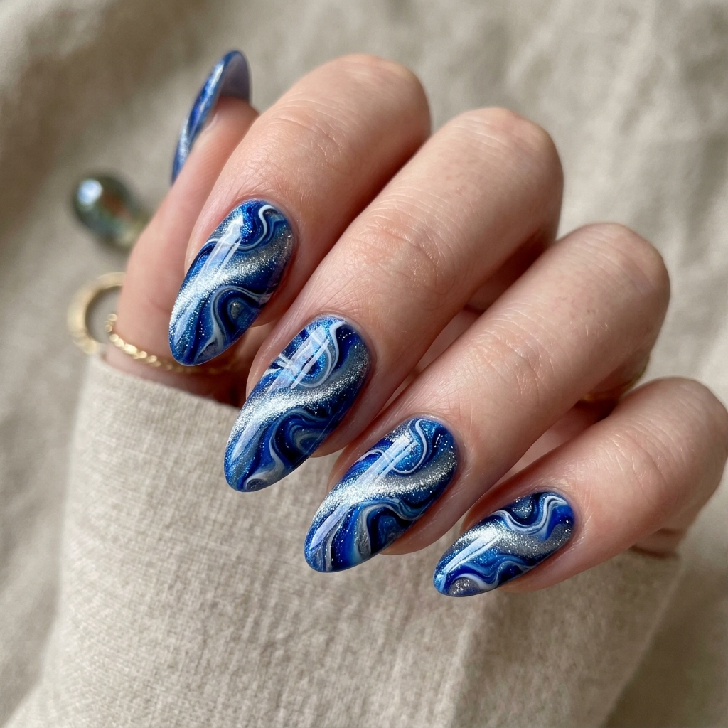 Blue Cat Eye Marble Nails Idea