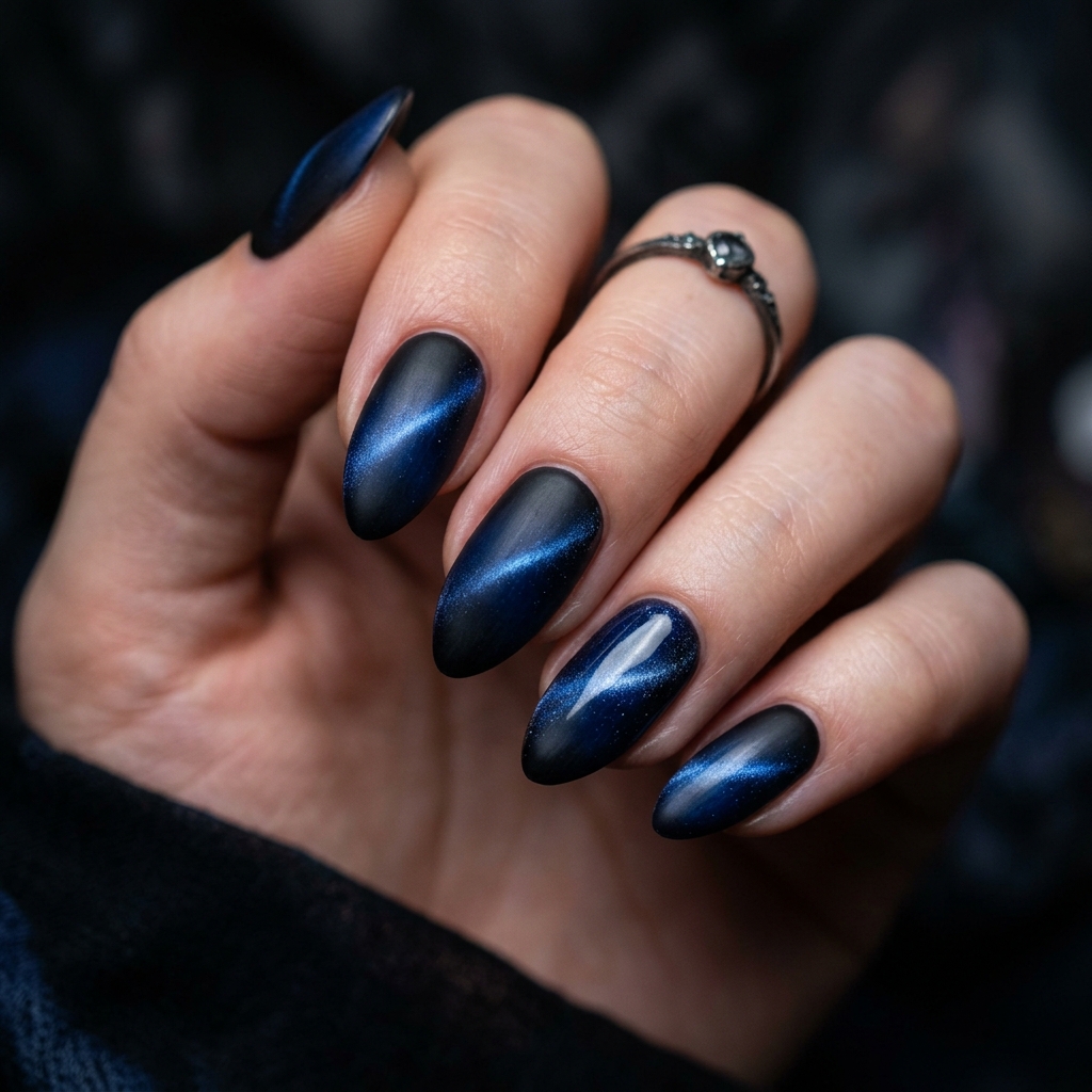 Blue and Black Cat Eye Nails Idea