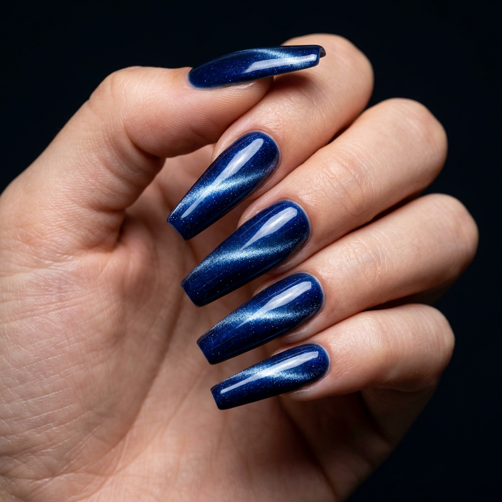 Blue Cat Eye Coffin Nails Idea