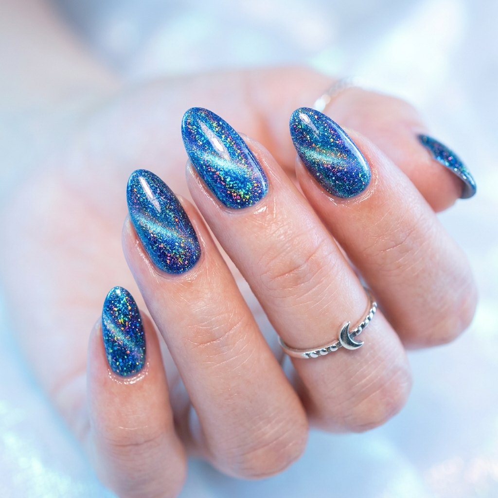 Holographic Blue Cat Eye Nails Idea