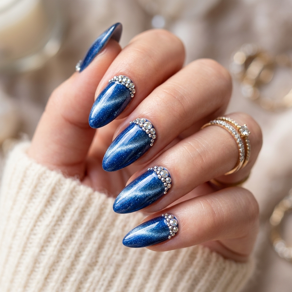 Blue Cat Eye Nails with Rhinestones Idea