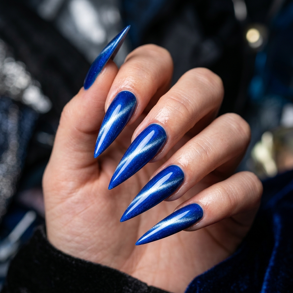 Blue Cat Eye Stiletto Nails Idea