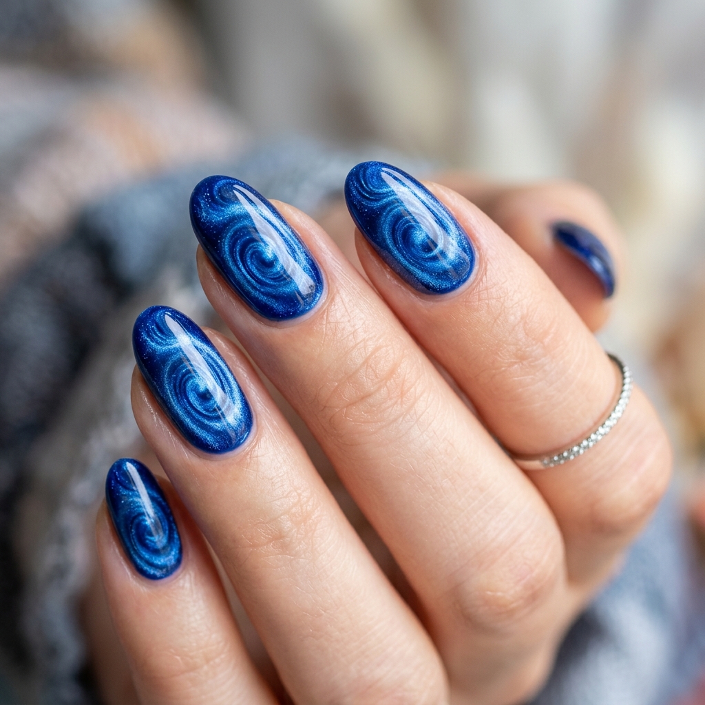 Blue Cat Eye Swirl Nails Idea