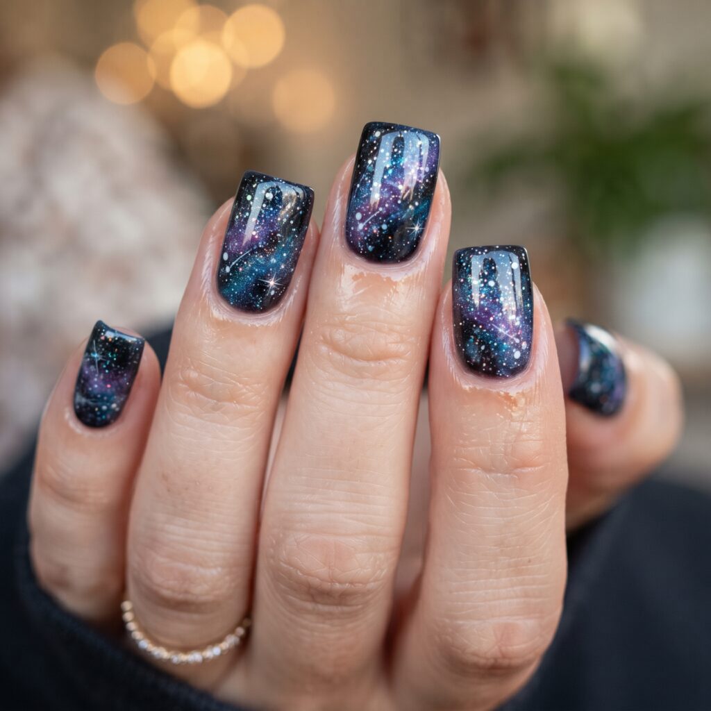 Dark Blue Nails Ideas: 30 Stunning Looks to Inspire Your Next Manicure 16 Blue Galaxy Nails Idea