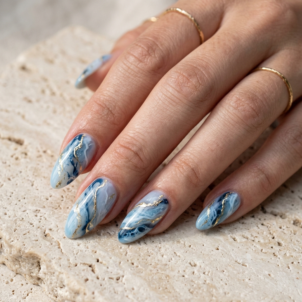 30 Dreamy Summer Almond Nails Ideas for Every Mood and Vibe 27 Beachy Blue Marble Almond Nails Ideas