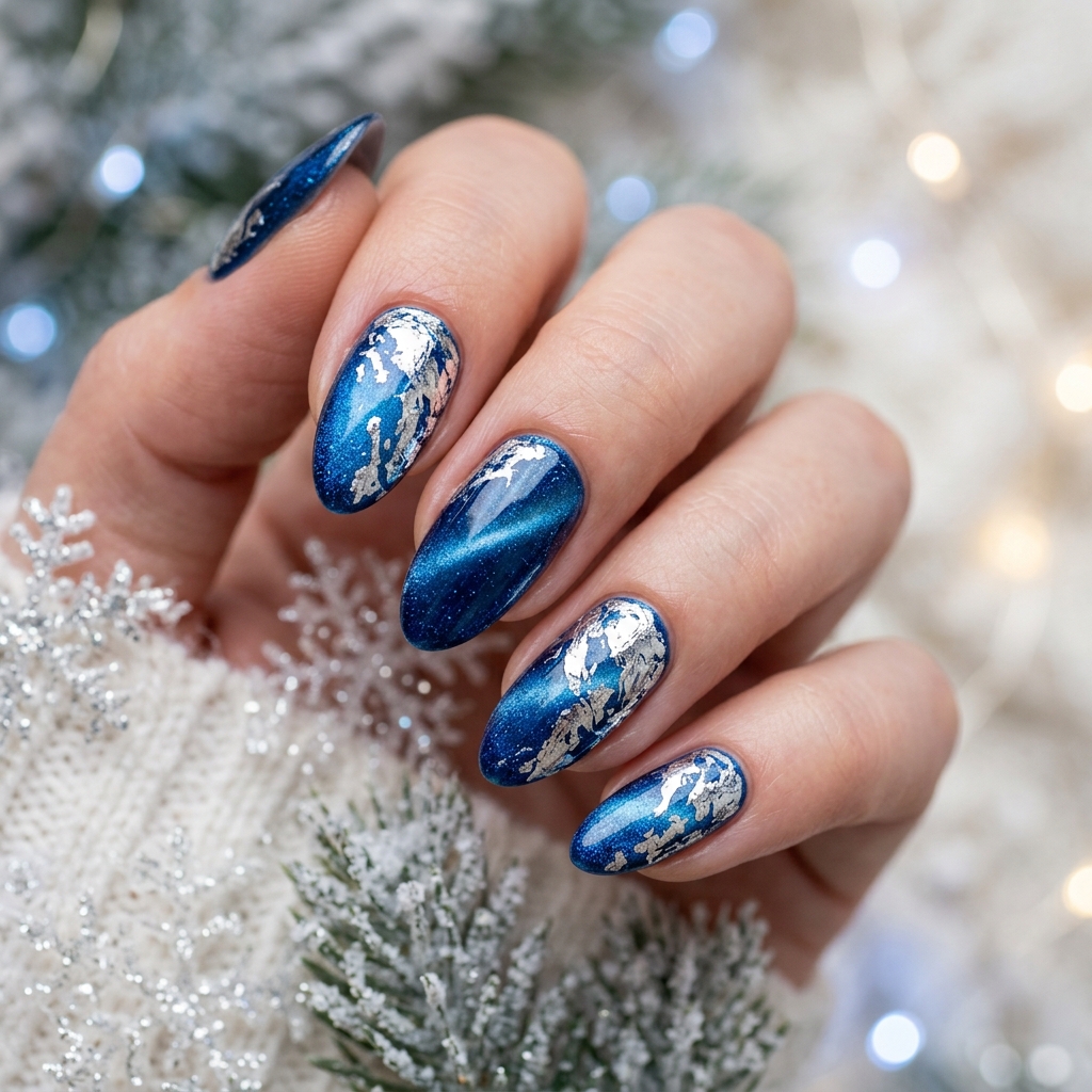 Blue and Silver Cat Eye Nails Idea