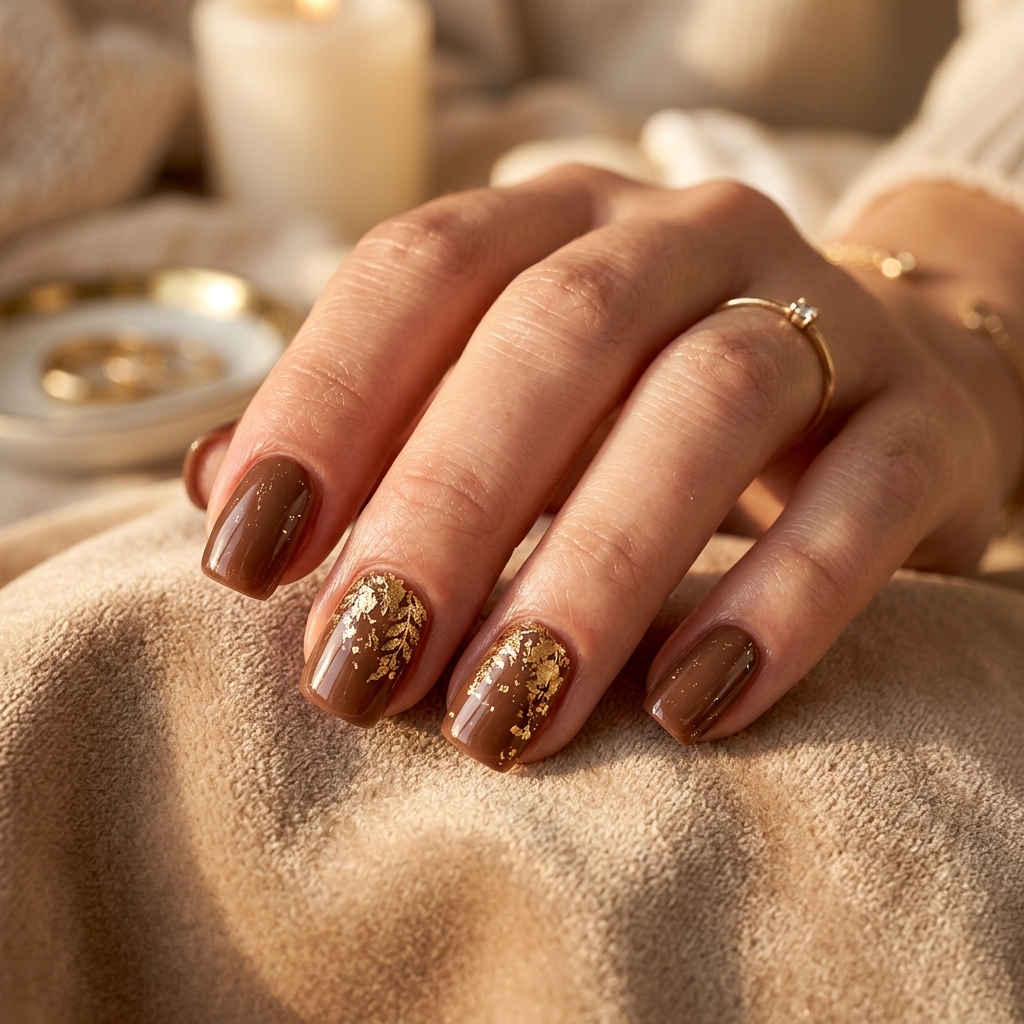 30 Brown Summer Nails Ideas You'll Want to Save 29 Brown Nails with Gold Foil Idea