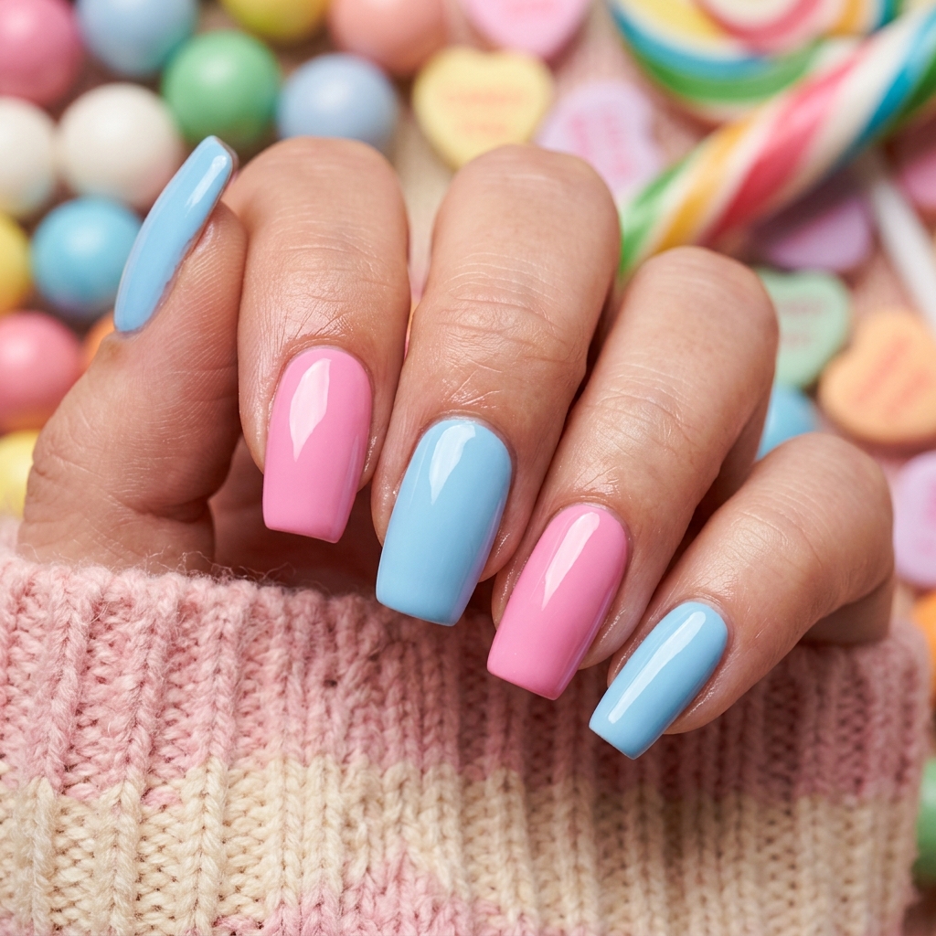 Bubblegum Pink and Baby Blue Nails Idea