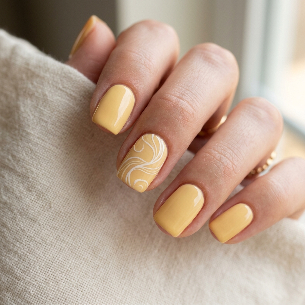 Swirl Accent Butter Yellow Nails Idea