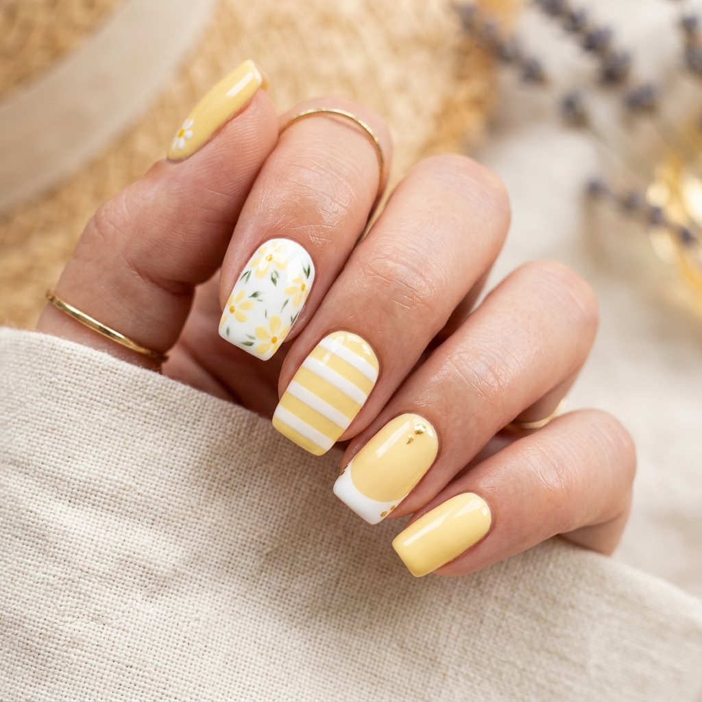 Butter Yellow and White Nails Idea