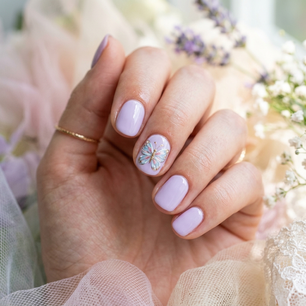 30 Short Round Nails Ideas That Bring Effortless Style to Life 23 Butterfly accent on nails 202607252025