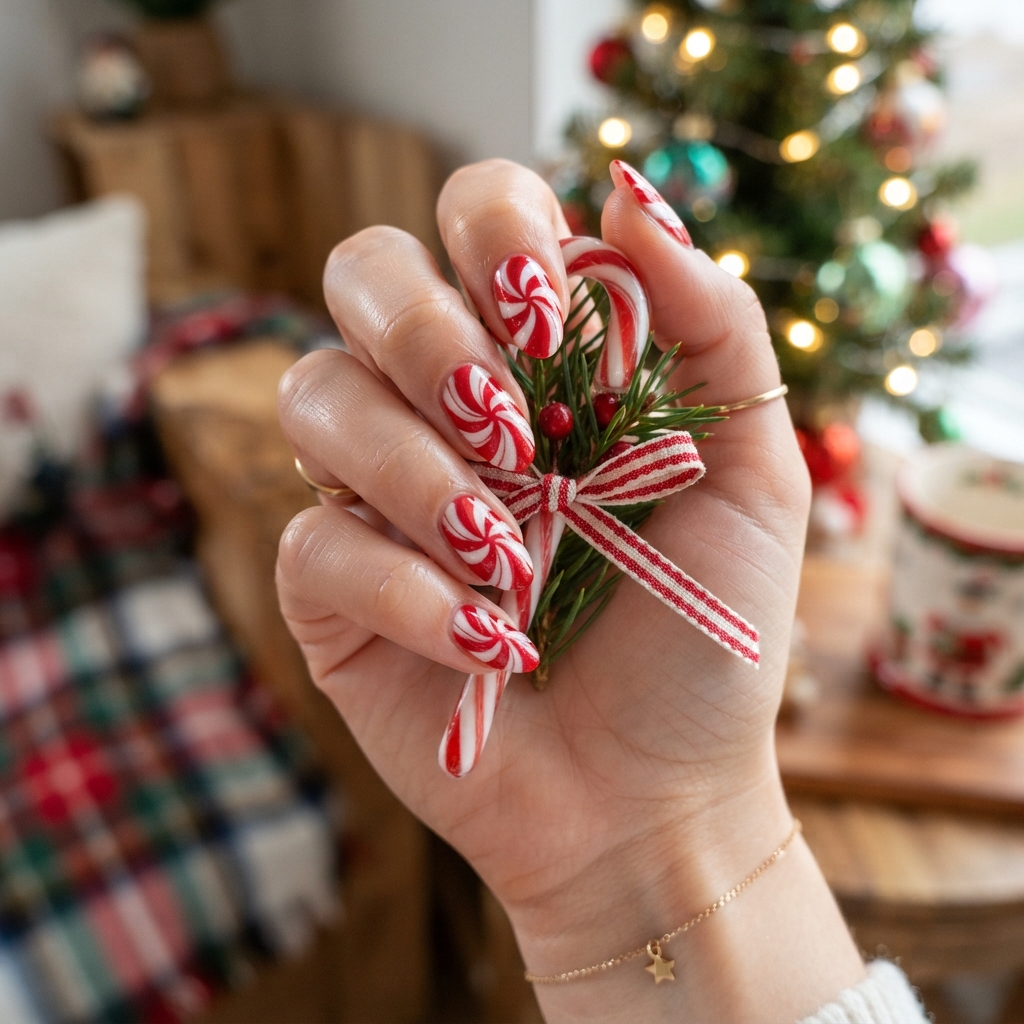 December Nails: 30 Creative Ideas to Try This Holiday Season 11 Candy Cane December Nails Idea