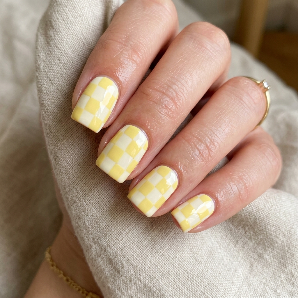 Checkerboard Butter Yellow Nails Idea