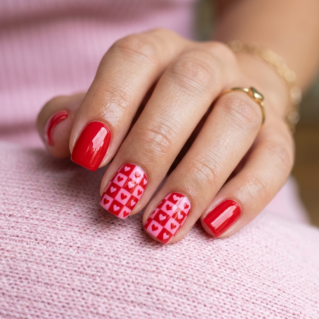 30 Valentines Nails Ideas to Fall in Love With 12 Checkerboard Heart Nail Ideas