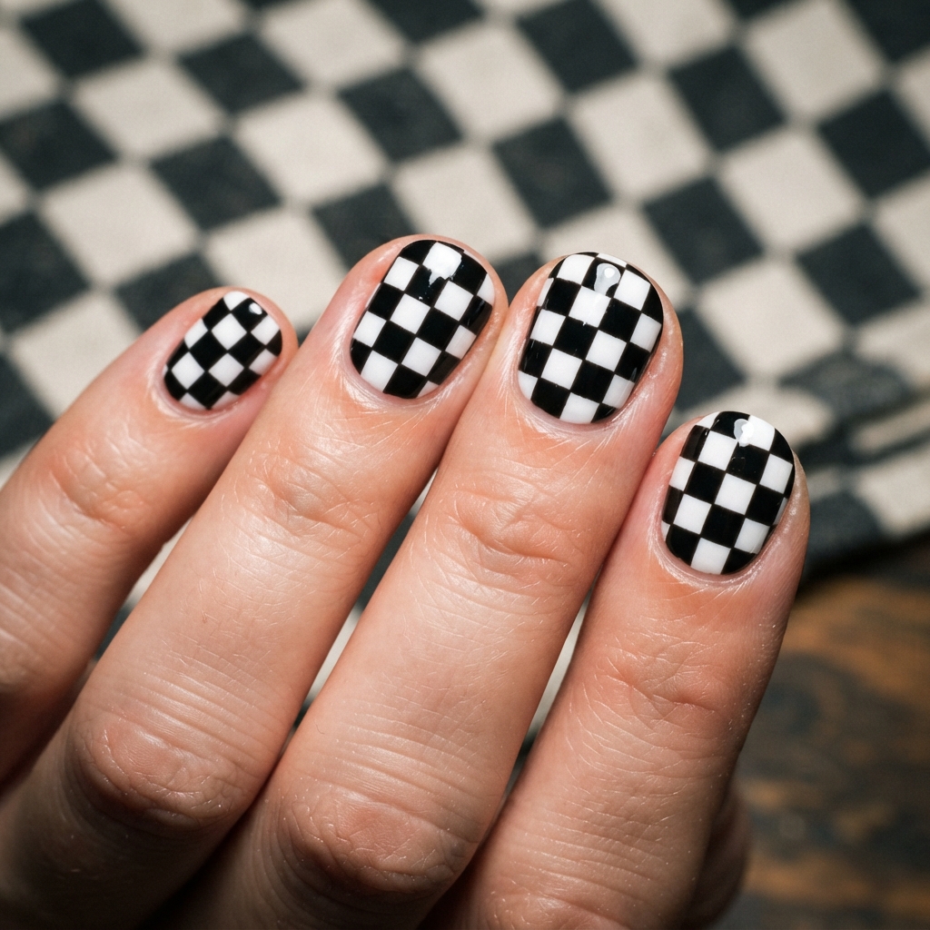 30 Short Round Nails Ideas That Bring Effortless Style to Life 29 Checkerboard Short Round Nails Idea