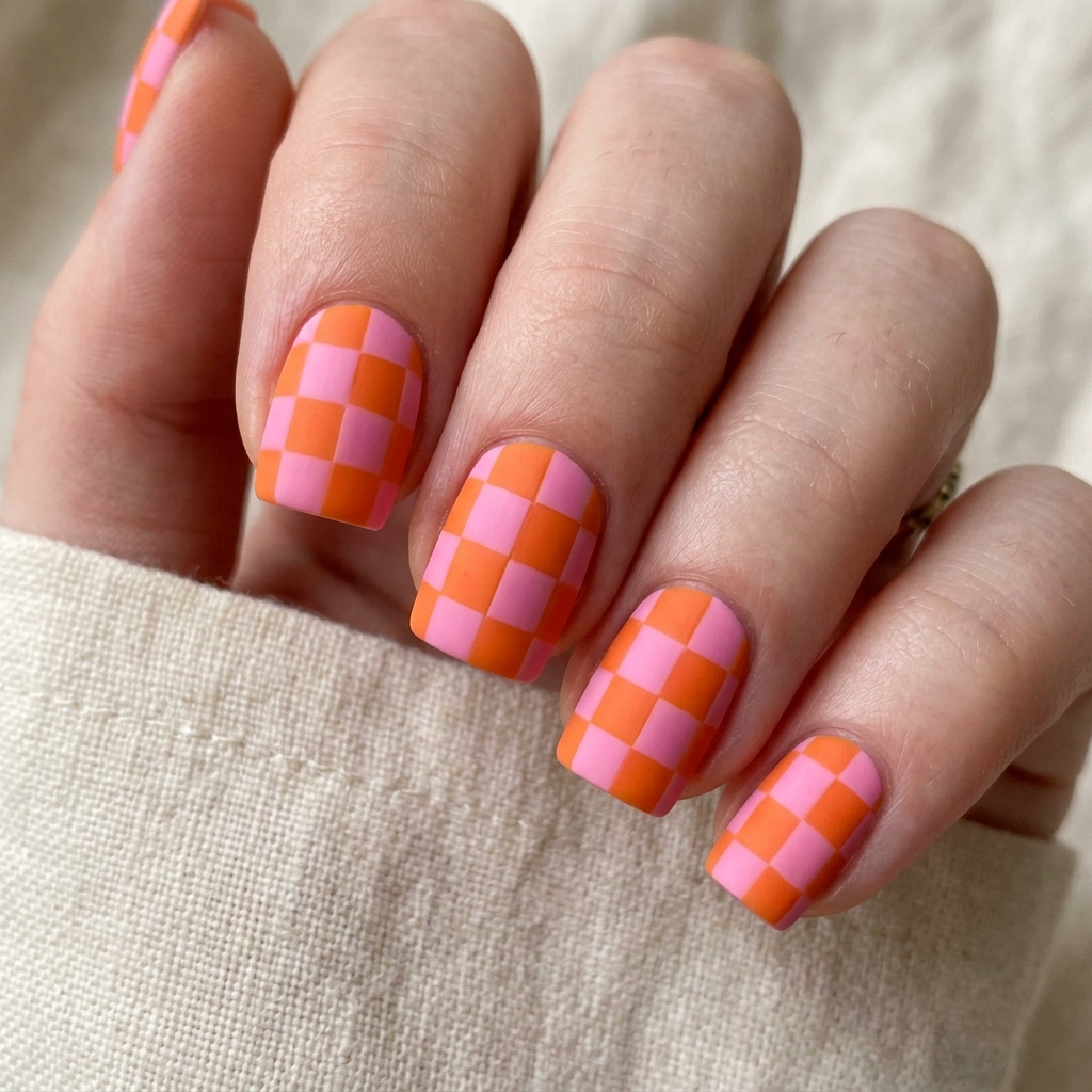 30 Pink and Orange Nails Ideas 24 Checkerboard Pink and Orange Nail Ideas