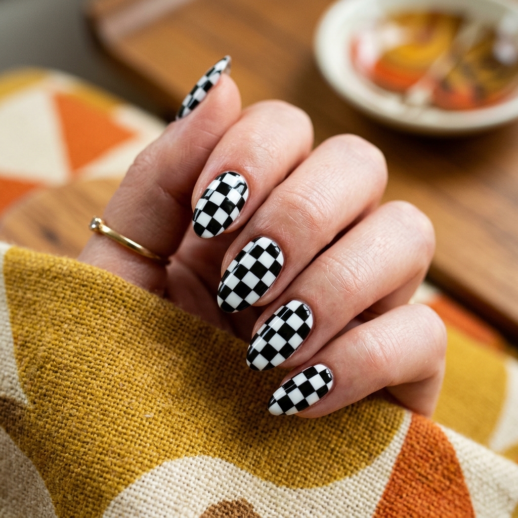 Short Almond Nails Ideas: 30 Elegant Ways to Style a Practical Shape 18 Checkerboard Short Almond Nail Idea