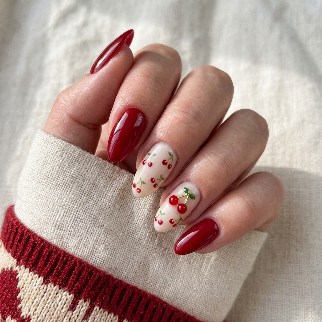 30 Dreamy Summer Almond Nails Ideas for Every Mood and Vibe 24 Cherry Red Cherry Charm Almond Nails Ideas
