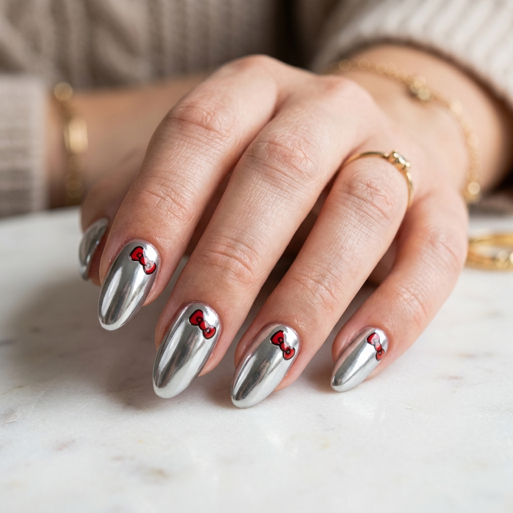 30 Hello Kitty Nails Ideas to Spark Your Next Manicure 8 Chrome Hello Kitty Nail Idea