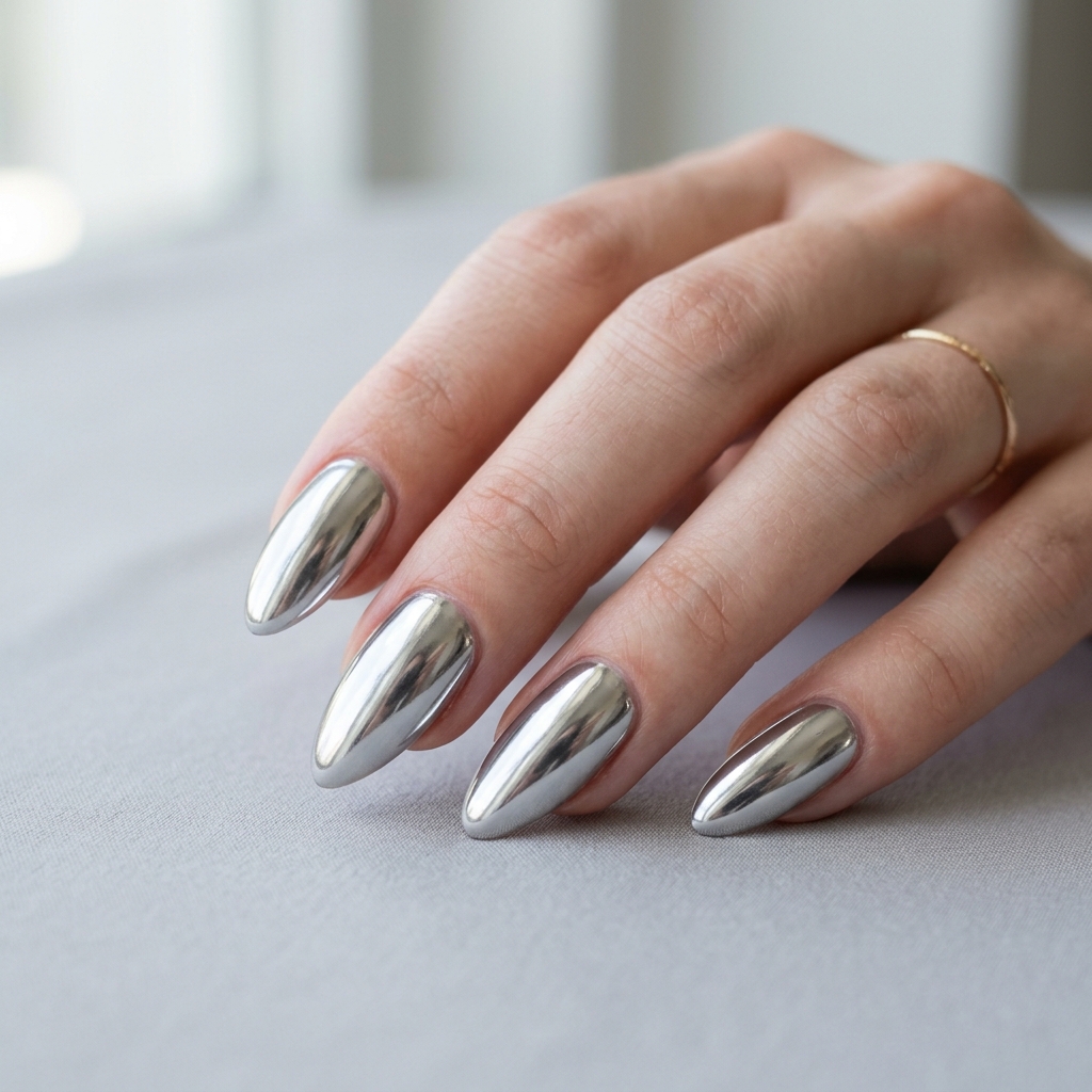 30 Simple Almond Nails Ideas That Never Go Out of Style 9 Chrome Simple Almond Nails Idea